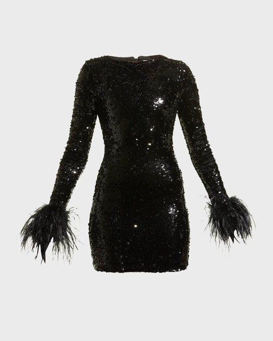 Alice & Olivia Delora Sequin Mini Dress with Feather Cuffs. This dress looks amazing on.